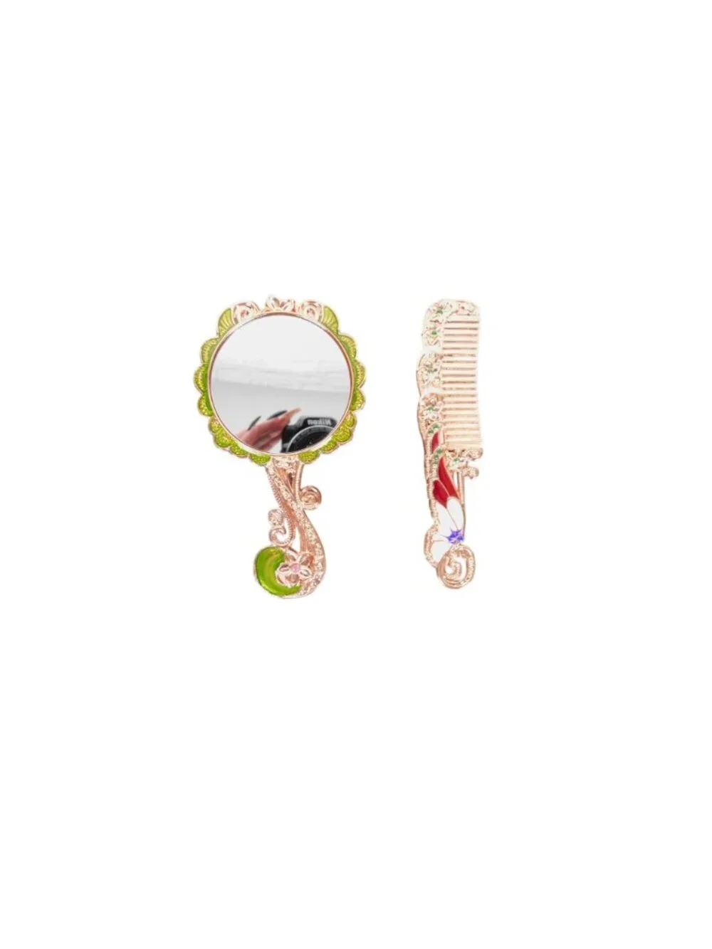 Butterfly-Inspired Mirror & Comb Set With Floral Details Lightweight Design Deco